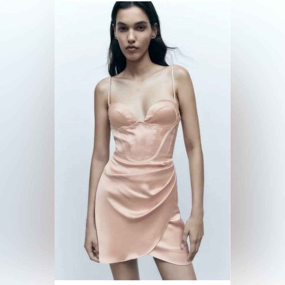 NWT Zara Beige Rose Corset Satin Effect  Draped  Dress Cocktail Bridal Size XL